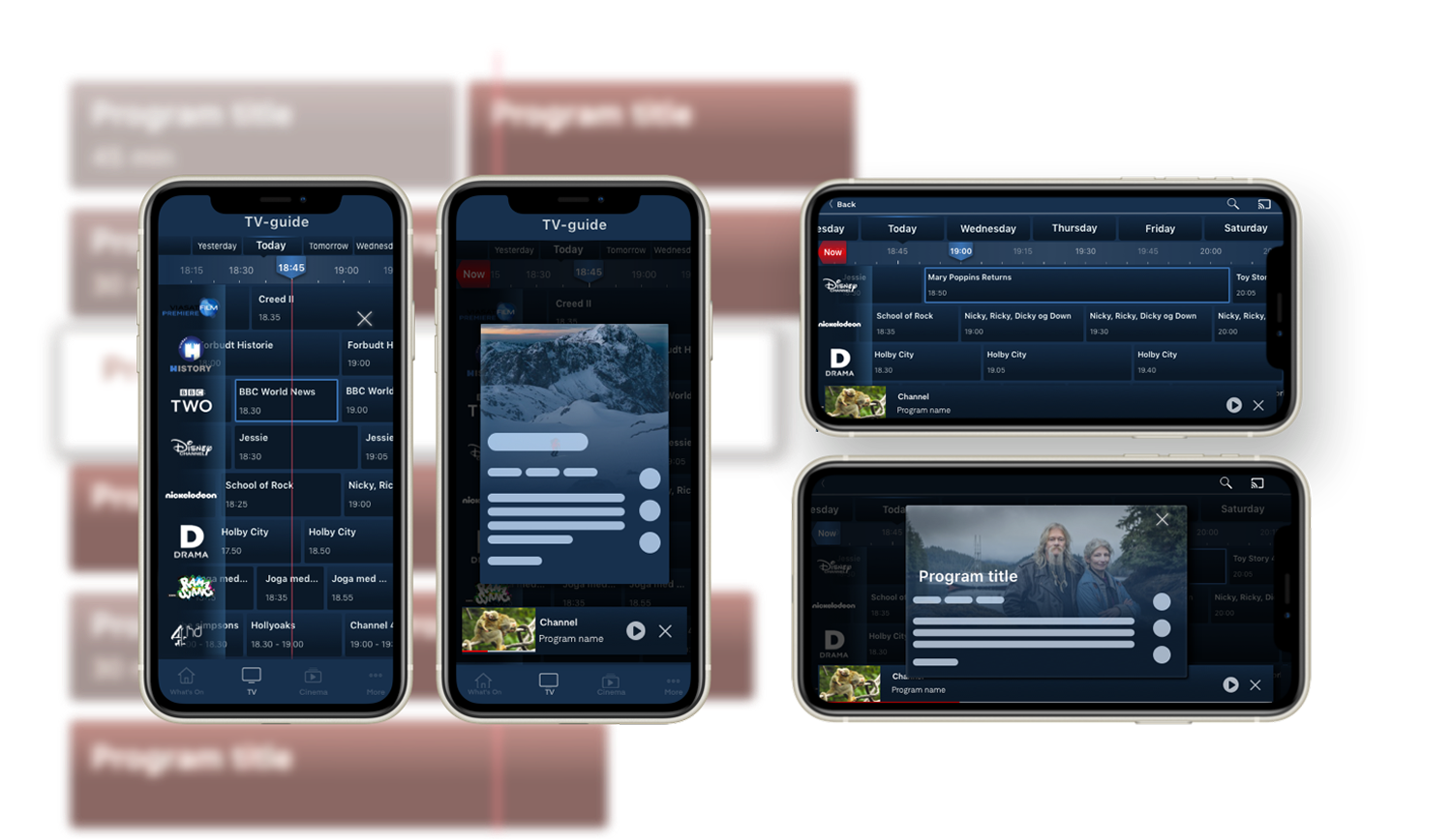 EPG in portrait and landscape modes showing guide, programme details, and player